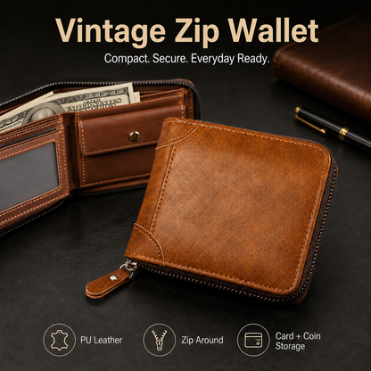 Vintage Zip-Around Men’s Wallet – Compact PU Leather Wallet