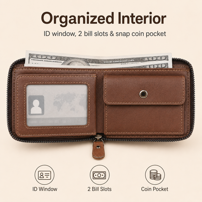 Vintage Zip-Around Men’s Wallet – Compact PU Leather Wallet